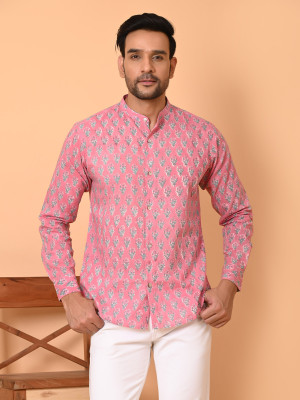 Goodhand Men Block Print Asymmetric Kurta(Pink)