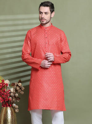 AEW DESIGNS Men Printed Straight Kurta(Red)