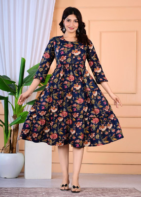 Govindam Women Floral Print Flared Kurta(Dark Blue)