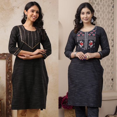 AuzaSho Collection Women Embroidered Straight Kurta(Black, Blue)