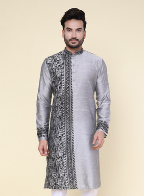 W & G Men Self Design Straight Kurta(Grey)