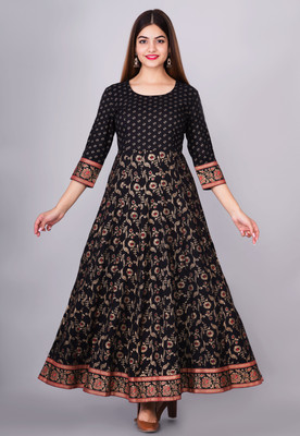 Myaza Women Printed Gown Kurta(Black)