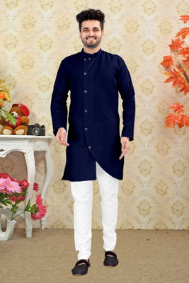 Mysia Men Solid Asymmetric Kurta(Blue)