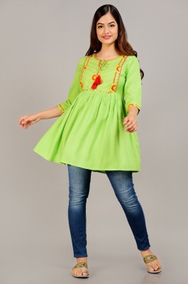 NEW4U Women Embroidered Flared Kurta(Green)