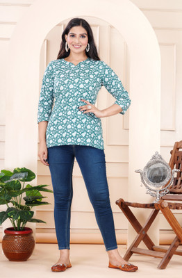 Kaveri creations Women Printed Straight Kurta(Light Blue)