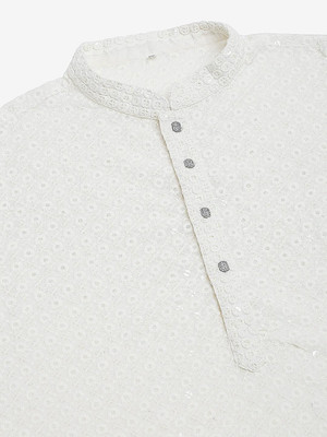 romj Men Chikan Embroidery Straight Kurta(White)
