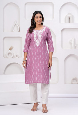Bhavyansh International Women Embroidered Straight Kurta(Purple, White)
