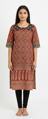 CRAFTIQUE Women Block Print, Printed, Self Design, Geometric Print A-line Kurta(Maroon)