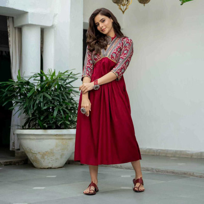 Hansraj Enterprises Women Printed A-line Kurta(Maroon)