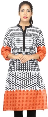 Hrinkar Women Printed Straight Kurta(White, Black, Orange)