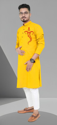 Biswas Fab Men Printed Straight Kurta(Yellow)
