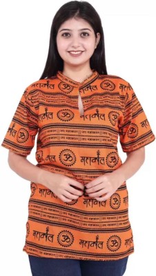 SHIVSHAK Printed Women V Neck Orange T-Shirt