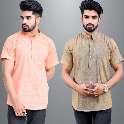 QuaClo Men Solid Straight Kurta(Orange, Brown)