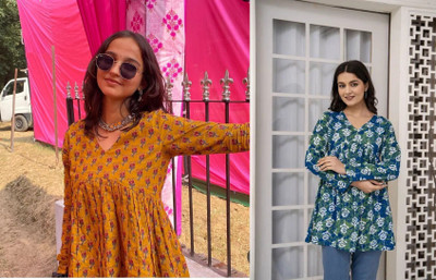 ARZOO Women Floral Print Flared Kurta(Blue, Yellow)