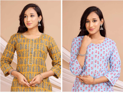 BADAM TEXTILE Women Printed Straight Kurta(Light Blue, Yellow)