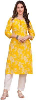 UmBri fashion Women Floral Print, Printed Straight Kurta(Yellow)