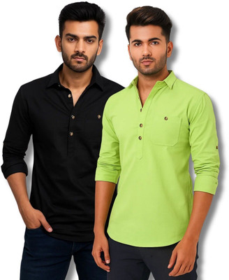 RAREMARK Men Solid Straight Kurta(Black, Light Green)