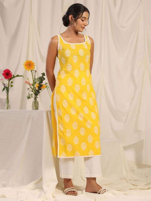 Chhapainama fashion Women Geometric Print Straight Kurta(Yellow)