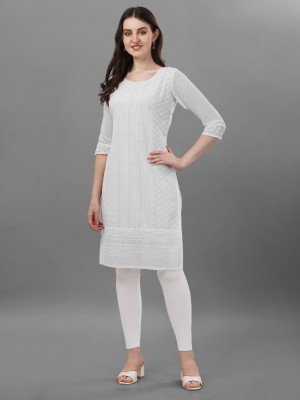 ZAZADIYA ENTERPRISE Women Chikan Embroidery Straight Kurta(White)