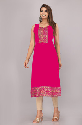 DKM Women Printed Straight Kurta(Pink)