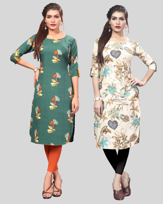neshapex Women Printed Straight Kurta(Green, Beige)