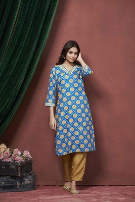 tckty Women Floral Print Straight Kurta(Blue)