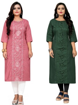 Hetsa Women Embroidered Straight Kurta(Pink, Dark Green)