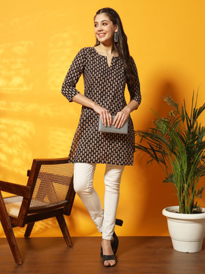 MEERANSHI LIVING Women Printed Straight Kurta(Black, Beige)