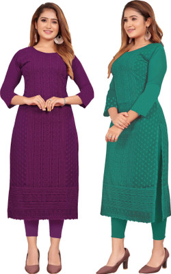 KAYRAAH Women Chikan Embroidery Straight Kurta(Purple, Green)