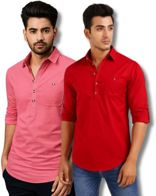 COTTONCHHAP Men Solid Straight Kurta(Pink, Dark Blue)