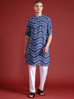 ANOUK Men Geometric Print Straight Kurta(Blue)
