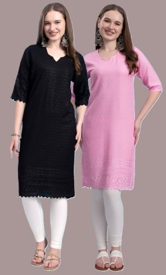 KEX Women Solid Straight Kurta(Black, Pink)