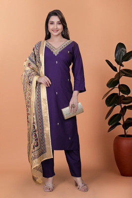 RIWAAYAT BY AASTHA Women Embroidered, Printed Straight Kurta(Purple)
