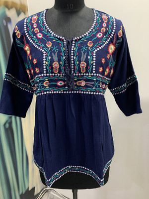 LEEZA Women Embroidered, Floral Print A-line Kurta(Dark Blue)