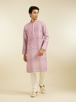 DIWAS by Manyavar Men Printed Straight Kurta(Pink)