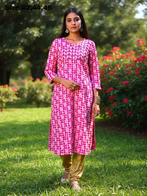 Saanvi Designer Women Printed, Embroidered, Geometric Print Straight Kurta(Pink)