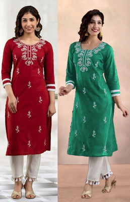 vikshi Women Chikan Embroidery Straight Kurta(Maroon, Green)