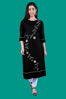 LILUDI Women Embroidered Straight Kurta(Black)
