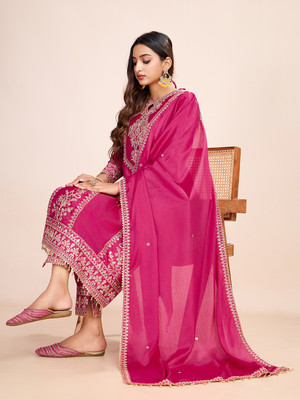 Aksharam Women Embroidered A-line Kurta(Pink)