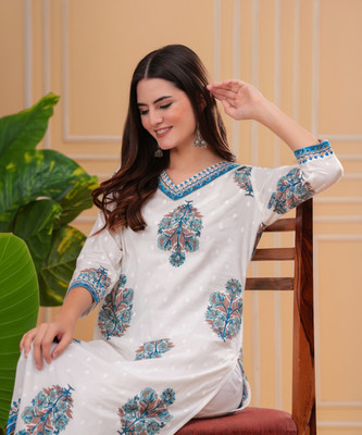 BKApparels Women Printed Straight Kurta(Blue, White)