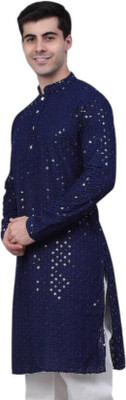 DHASU TRENDZ Men Embroidered Straight Kurta(Blue)