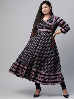 AKIKO Women Printed Anarkali Kurta(Black)