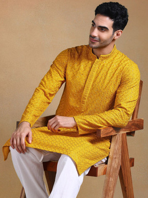 House of Pataudi Men Embroidered Straight Kurta(Yellow)