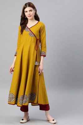 Yash Gallery Women Printed Flared Kurta(Yellow)