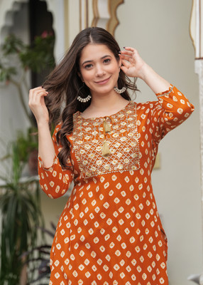 Deepyog Women Printed Straight Kurta(Brown)