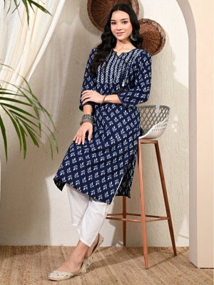 RR SA KURTIS Women Printed Straight Kurta(Blue)