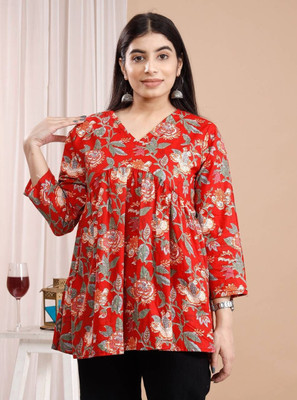 Muntahaa Women Floral Print Flared Kurta(Red)