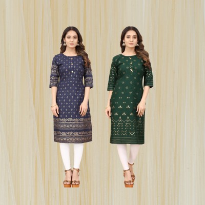 Gitanjali Trend Women Printed Straight Kurta(Dark Blue, Dark Green)