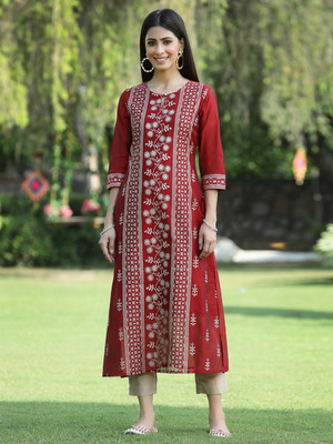 Juniper Women Printed Straight Kurta(Maroon)
