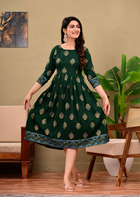 PG Garments Women Printed Anarkali Kurta(Dark Green)